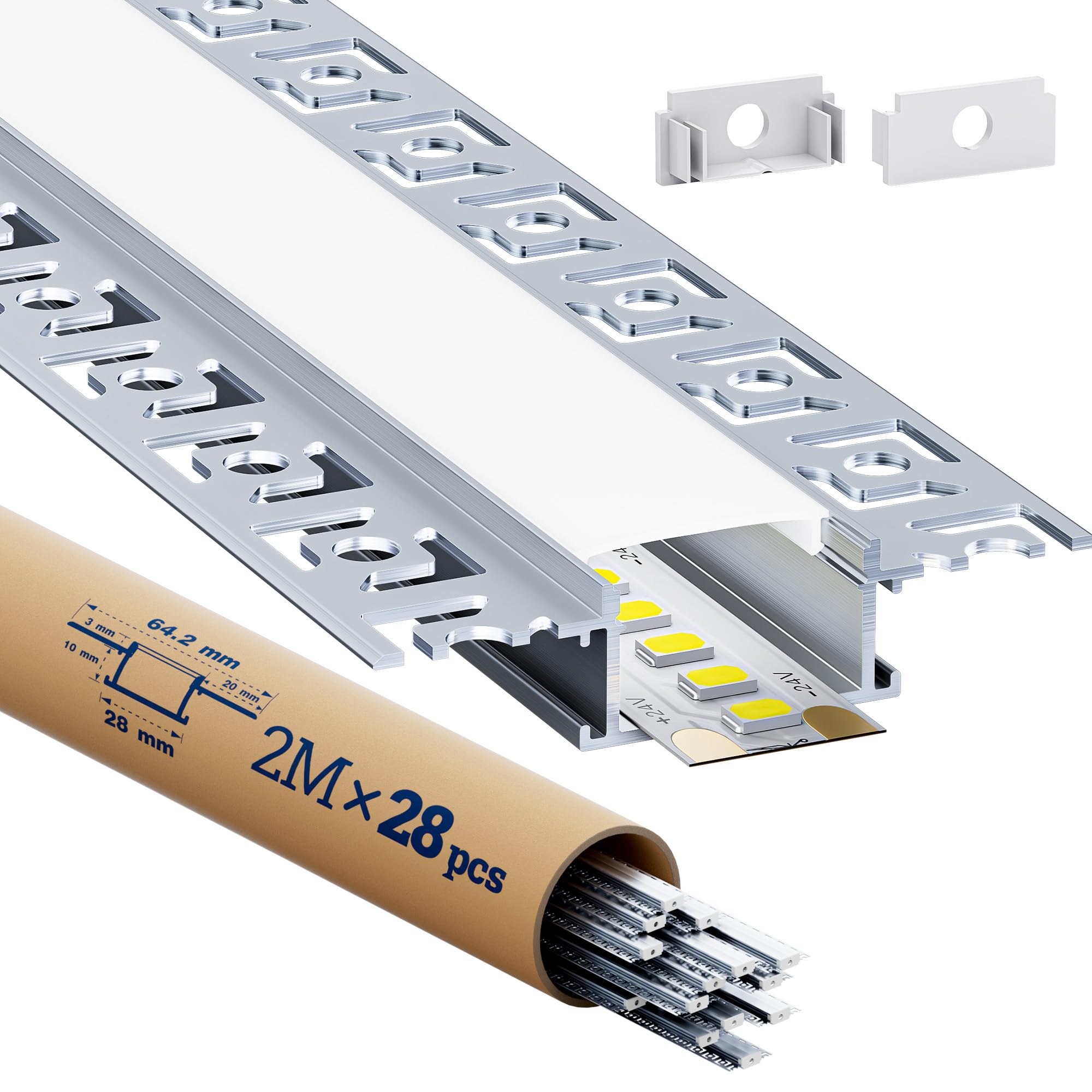 Profil LED do suchej zabudowy, zestaw 2 m – 28 x profil aluminiowy LED z dyfuzorem do taśm LED do 20,2 mm – profil montażowy podtynkowy do płyt gipsowo-kartonowych, sufitu, oświetlenia