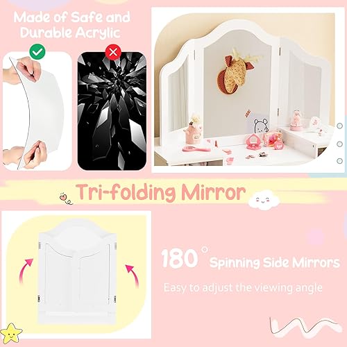Miniatura 29 de Costzon Vanity - Tocador de maquillaje de princesa 2 en 1 con parte superior desmontable, tocador para niños pequeños con espejo triple y estantes