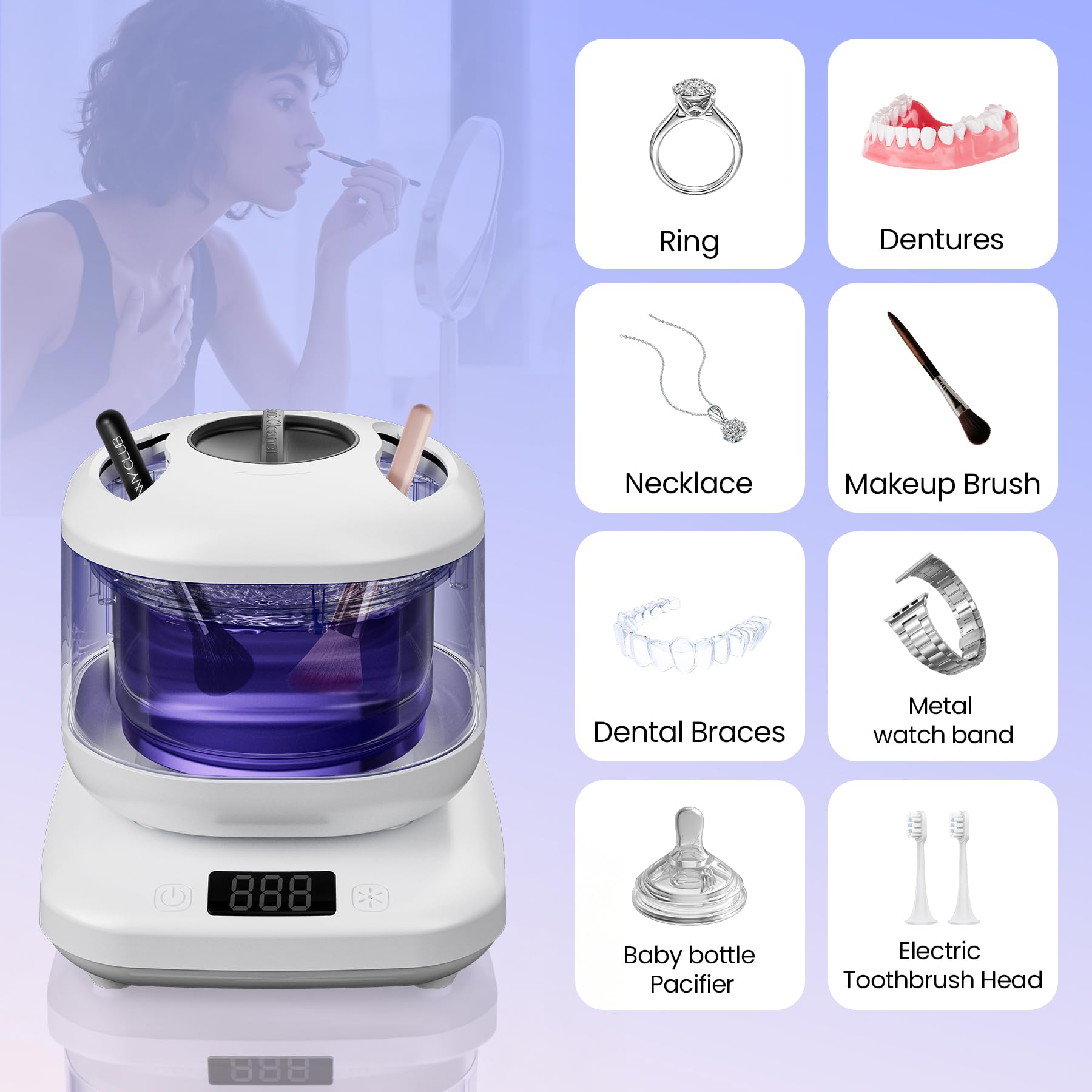 Macchina elettrica per la pulizia dei pennelli da trucco a ultrasuoni con U-V, spazzola cosmetica automatica per pulizia profonda portatile per set di pennelli da trucco di bellezza, pennello per fard