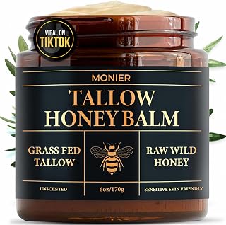 MONIER Beef Tallow and Honey Balm for Skin and Face – Moisturizer | 100%Organic Grass-Fed Beef Tallow & Raw Wild Honey, Natural Formula For Dry & Sensitive Skin, 6oz, Unscented