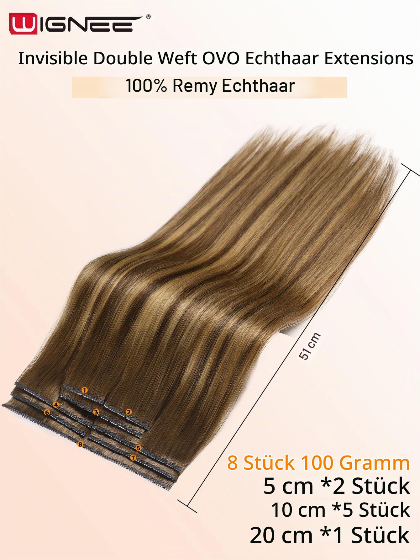 WIGNEE 100% Echthaar Extensions 51 cm (20 Zoll) Double Weft Remy Human Hair mit Micro Beads, 2 Packs 100 g Strähnchen Blond – Wiederverwendbar für Damen, Salon Look Volumen für Alltag & Hochzeit