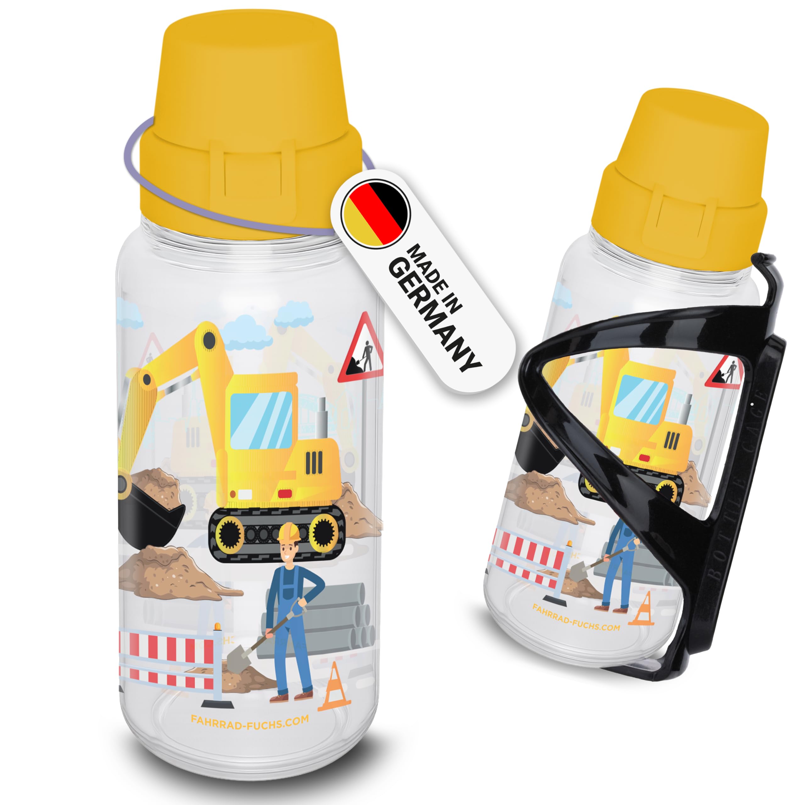 Fahrradflasche Kinder mit Halterung - Bagger - Trinkflasche Fahrrad, Flaschenhalter Fahrrad, Fahrrad Trinkflasche, Getränkehalter Fahrrad, Fahrrad Flaschenhalter, Trinkflaschenhalter Fahrrad