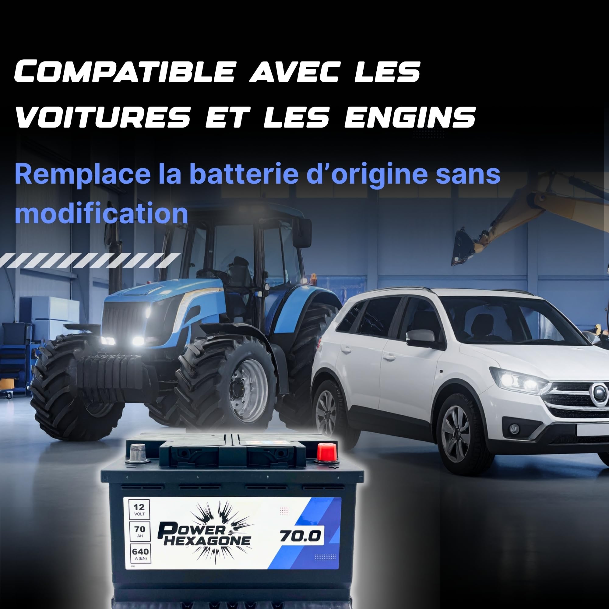Batterie Voiture 12V 70 Ah L3 - Puissance de Démarrage 640A - Qualité Origine - Batterie Auto Sans Entretien - Prête à l’emploi - Compatible Voiture et Chantier - Livraison Power Hexagone