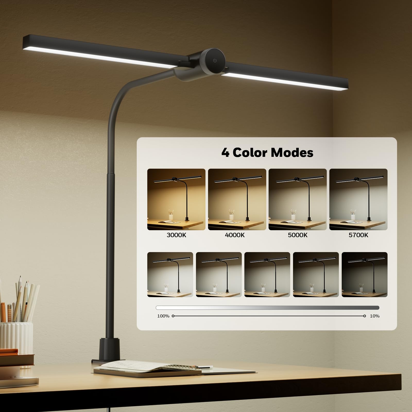 Honeywell HJ4 Klemmlampe Sunturalux dimmbar 4 Farbtemp. CRI94 | Schwarze LED-Klemmlampe mit flex. Hals, stufenlose Dimmung, 4 Farbtemp., CRI94, RG0.
