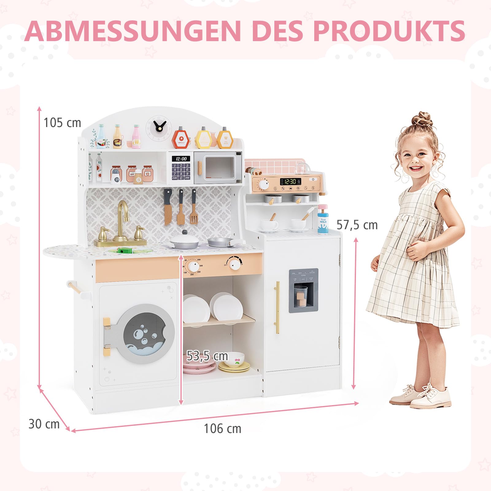 COSTWAY Kinderküche mit 27 Zubehör, Spielküche Holz mit Uhr Mikrowelle Spüle EIS- & Kaffeemaschine Geschirrständer und Waschmaschine, Spielzeugküche für Kinder ab 2 Jahren (Weiß)