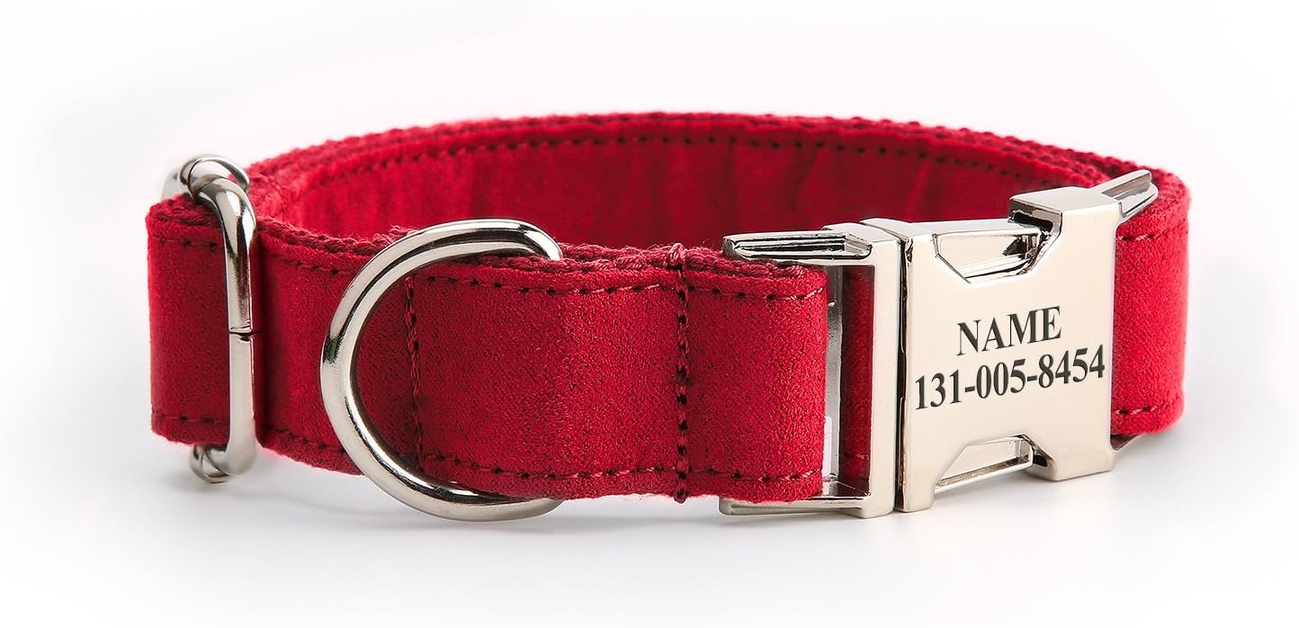 Personalized Dog Collar, Custom Engraving with Pet Name and Phone Number, Adjustable Tough Nylon ID Collar, Matching Leash Available Separately (Red)