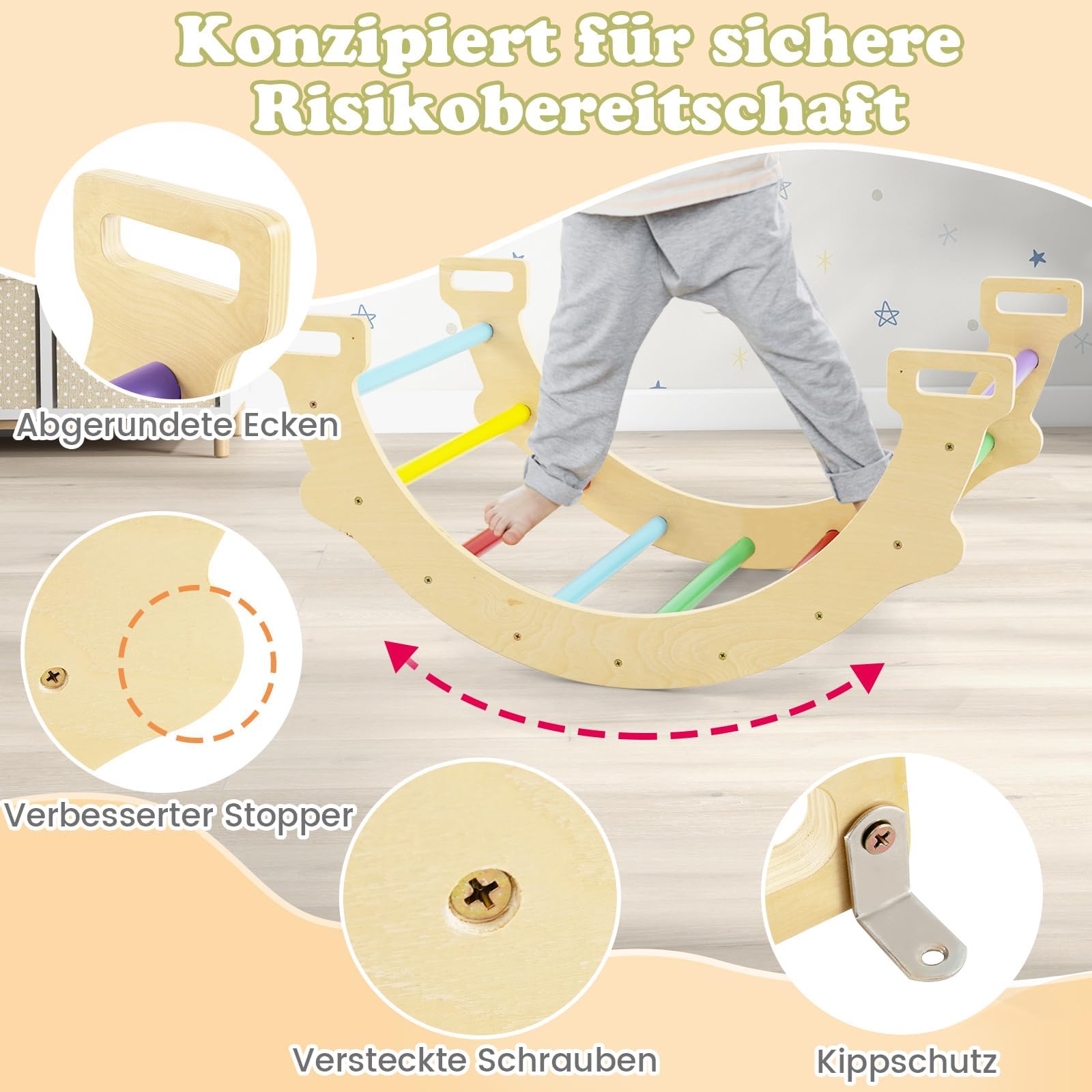FANTASK Kletterbogen, zum Wippen, Klettern und Krabbeln, Indoor Kletterbogen aus Holz, für Kinder ab 3 Jahre (Bunt)