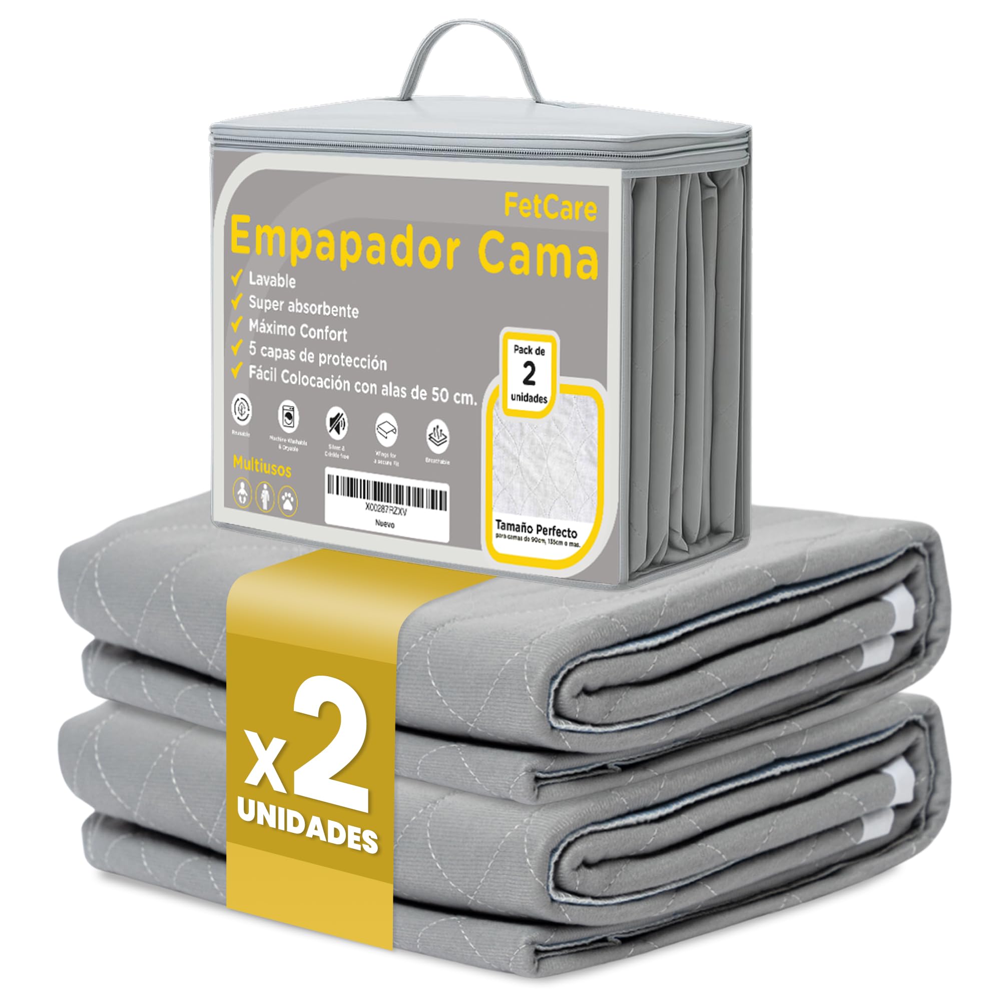 Empapadores Cama Adultos Antimanchas Gris 135x86cm Impermeables 5 Capas Absorción Alas Ajustables OEKO-TEX Pack 2