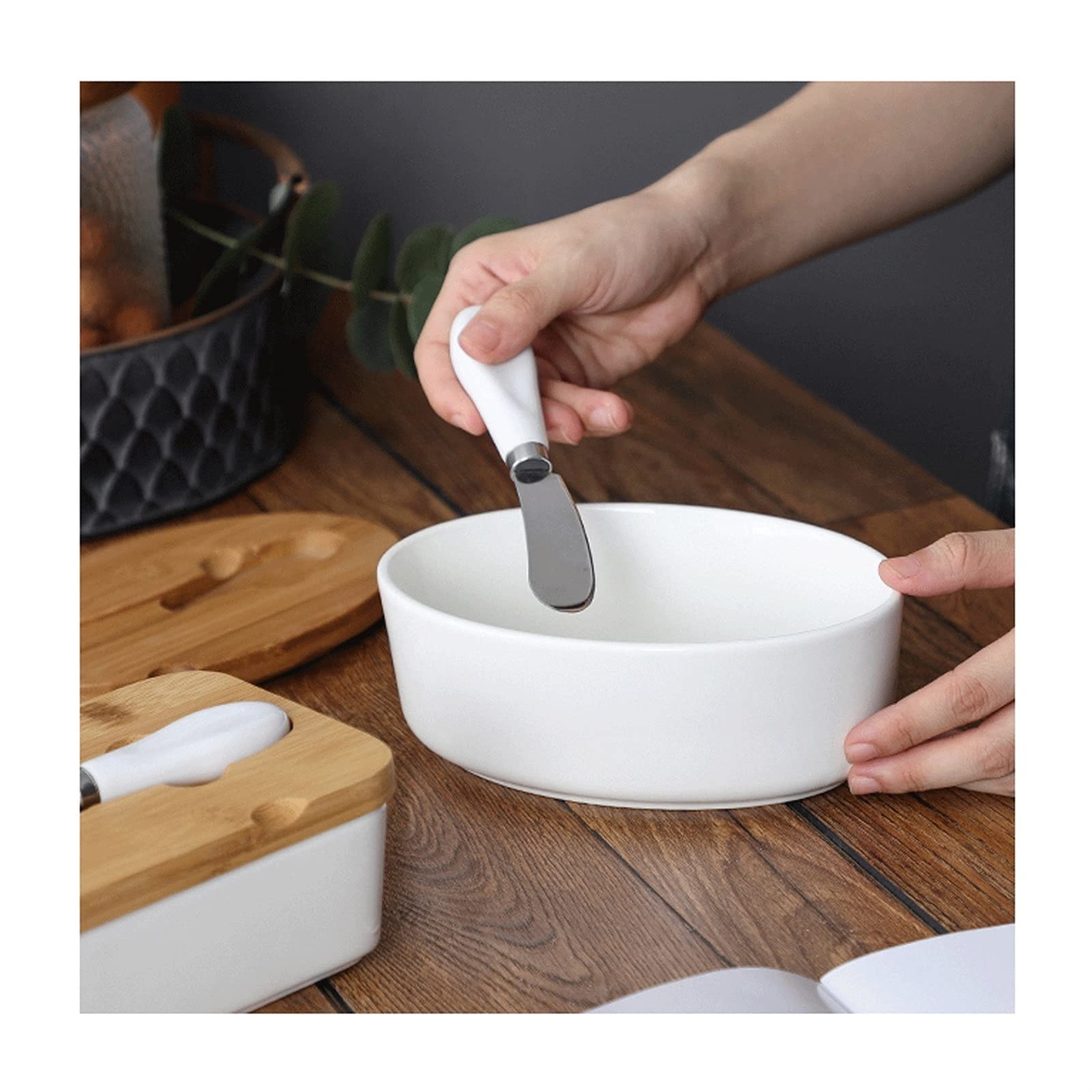 Beurrier En Céramique Avec Couvercle En Bambou Et Couteau - 650 Ml, Pour 2 Bâtons De Beurre - Design élégant Pour Comptoir Ou Frigo