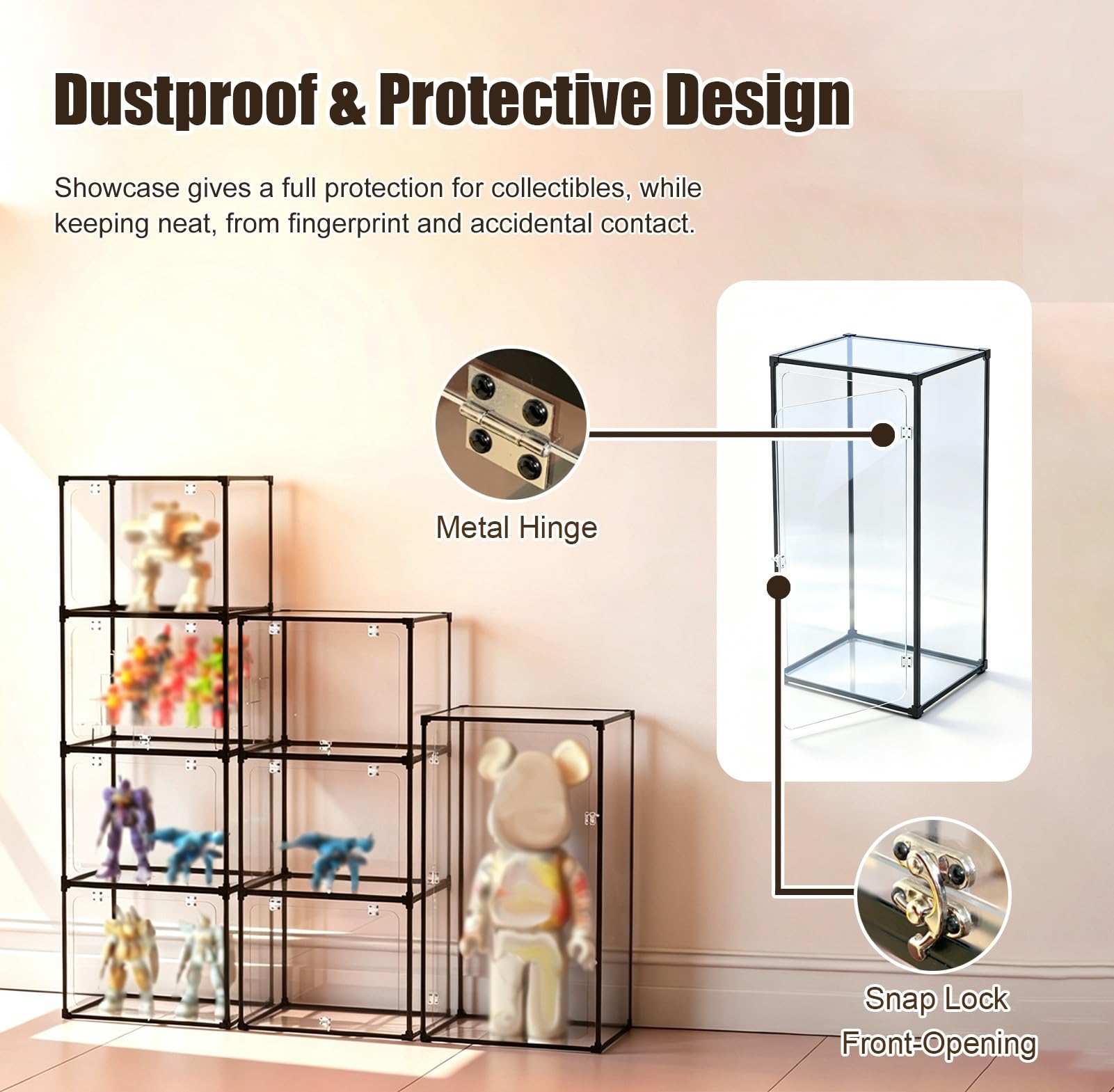 Urna Metacrilato Vitrina Alta de Acrílico, Contenedor de Vidrio | Caja Transparente de 360° con Puerta de Cierre a Presión, Contenedor Antipolvo con Bisagra y Marco(15x20xH25cm/6x8x10in)