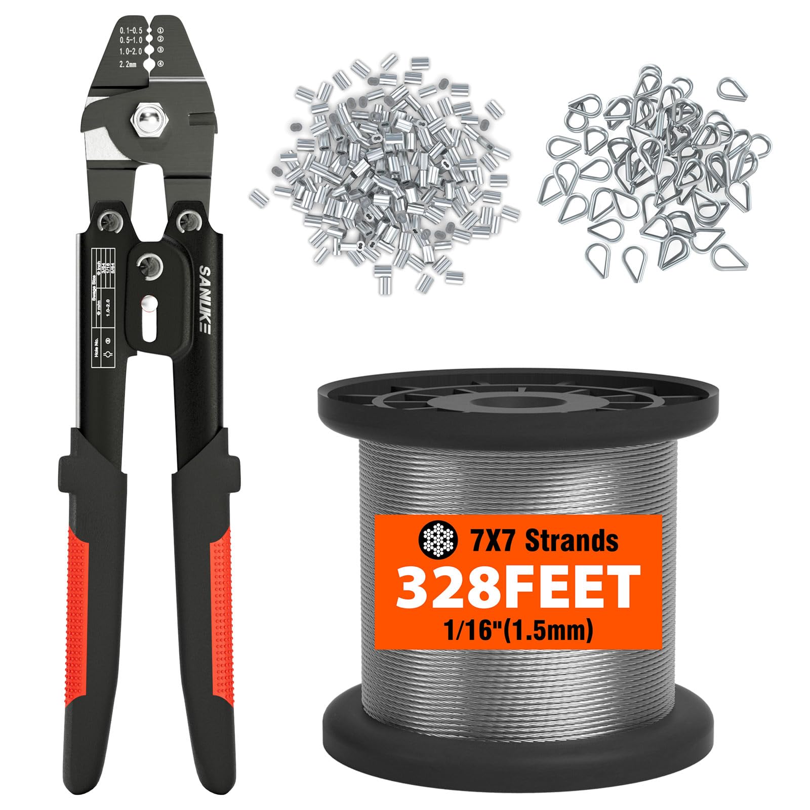 Sanuke Wire Rope Crimp Kit with 328ft Stainless Steel Cable 7x7 Strand Core 1/16'' Aluminum Crimp Loop Sleeves and Wire Rope Stainless Steel Thimble