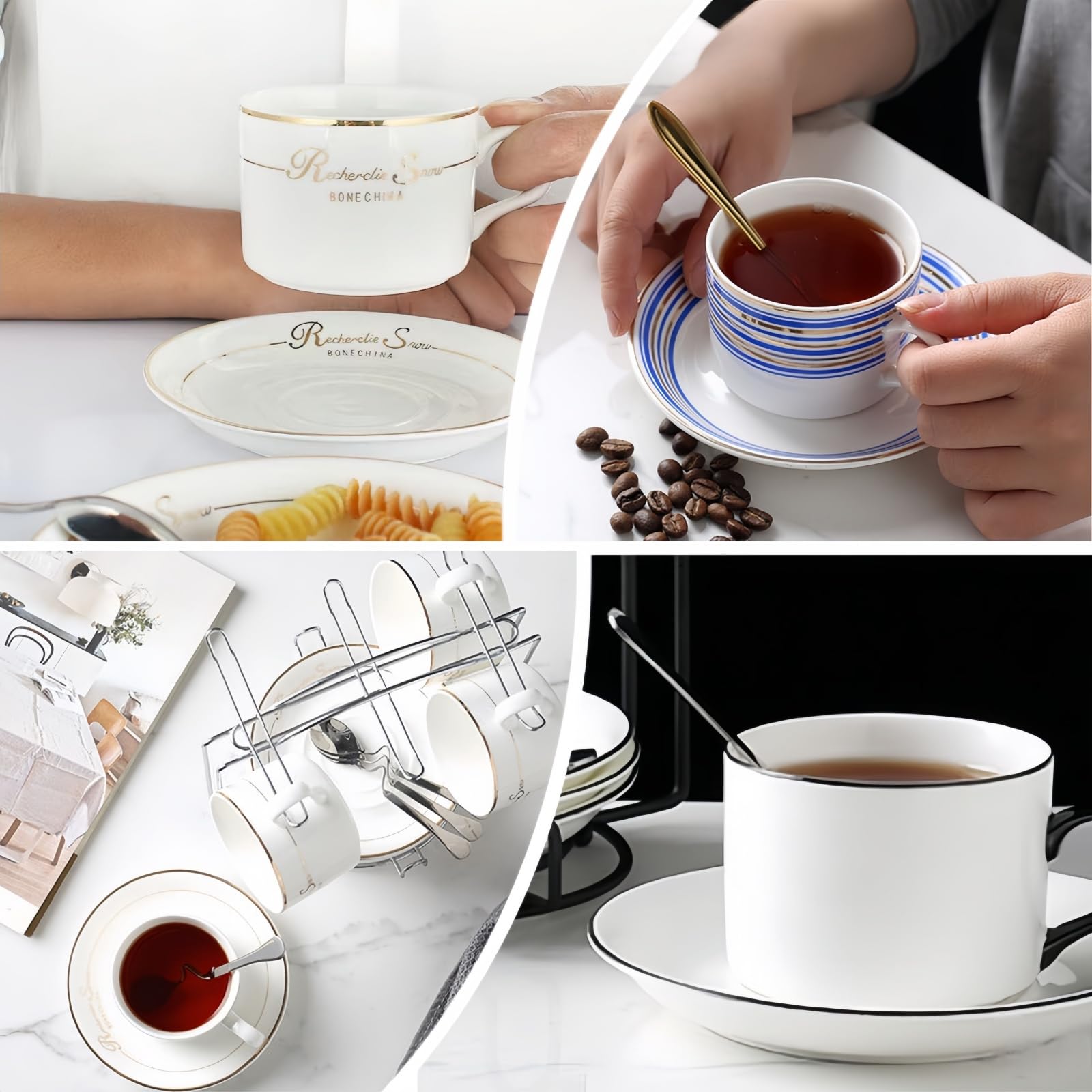Zestaw filiżanek do cappuccino, 6 filiżanek i spodków (150 ml), luksusowy zestaw filiżanek do herbaty, filiżanki do kawy z uchwytem, brytyjska porcelana królewska (złota róża)