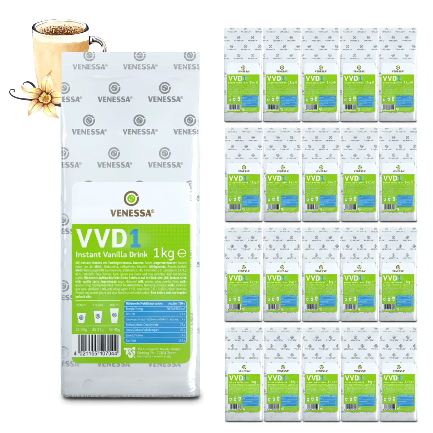 VENESSA VVD1 Vanilla Drink Lot de 20 bouteilles de 1 kg – Lot de 20 boissons instantanées – Vanille – Crémeuse Soluble, économique pour toutes les distributeurs automatiques de boissons