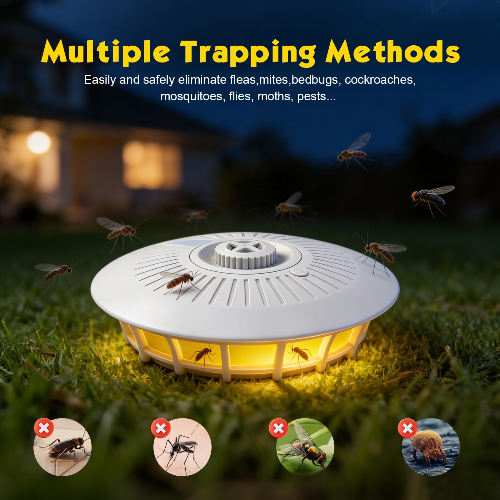Trappola per pulci con luce LED a 360° per appartamento, include 15 adesivi e 4 modalità luminose. Doppia alimentazione, non tossica e inodore. Ideale per soggiorno, cucina, camera da letto e tappeti