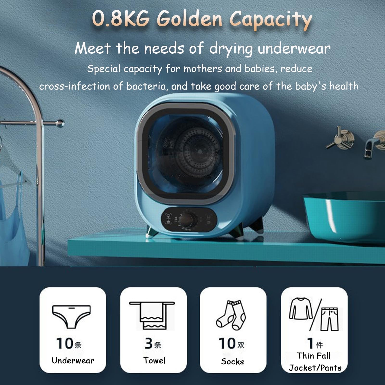 Mini Secadora, Secadora Eléctrica Compacta De 450W Con 2 Modos De Secado Y Temporizador, Secadora Ventilada De 5 Kg, Para Uso Sobre Encimera O Montaje En Pared(Electroplated blue)