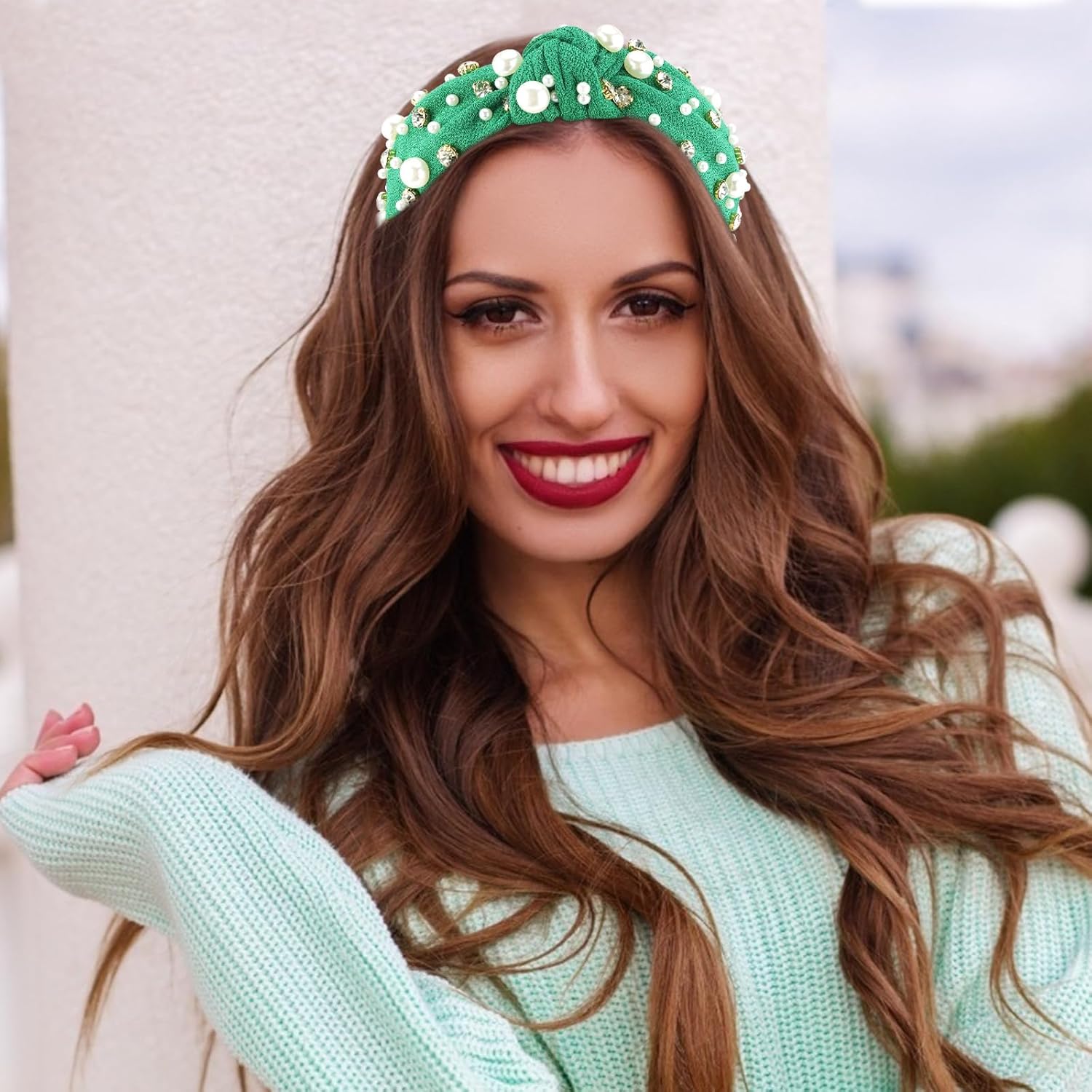 VELSCRUN Green Headband Knotted Pearl and Rhinestone Headbands for Women and Girls - White Crystal Hair Accessory, Wide Top Knot Band, Holiday Gift for Mothers and Sisters - Image 8