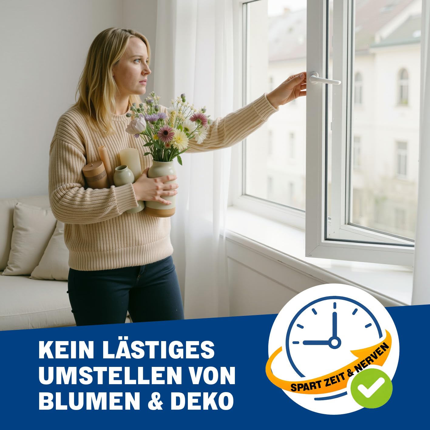 Flexible Fensterbank für fast alle Fenster | Lüften ohne Abräumen, ohne Bohren & Kleben, einfach einklemmen | Teleskop 55–86 cm für Fensterbreite 65–107 cm, bis 5 kg