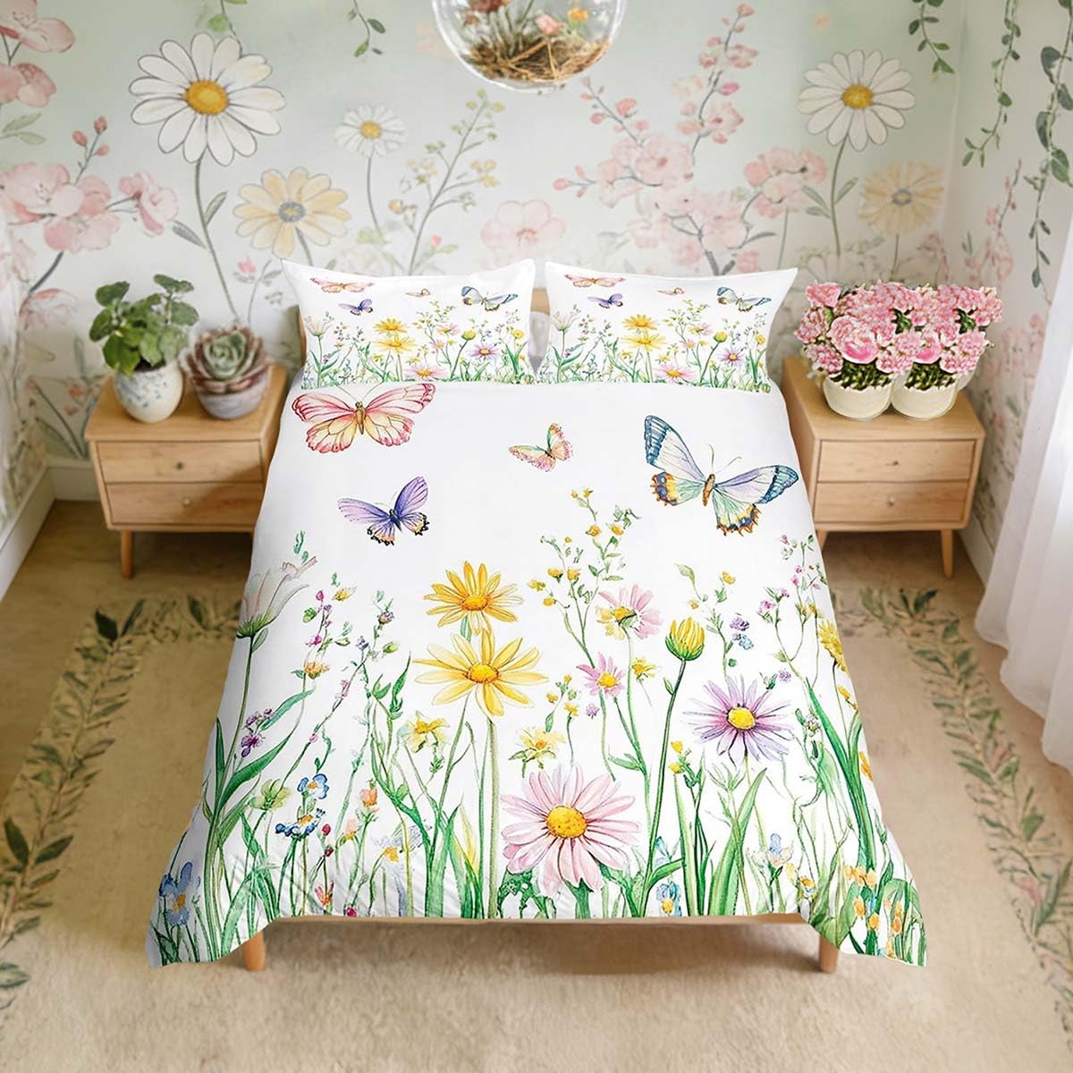 Homemissing Girl Butterfly Floral Duvet Cover Set Single Size For Kids Boys Girls Teens Botanical Floral Print Bedding Set Garden Flower Comforter Cover with 1 Pillowcase โ image 1