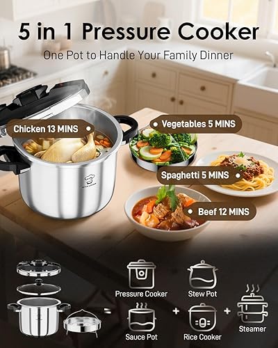 Miniatura 2 de Olla de presión de acero inoxidable de 6.3 cuartos de galón, Olla De Presion para 2-3 personas tapa de vidrio y estante de vapor incluidos Presione