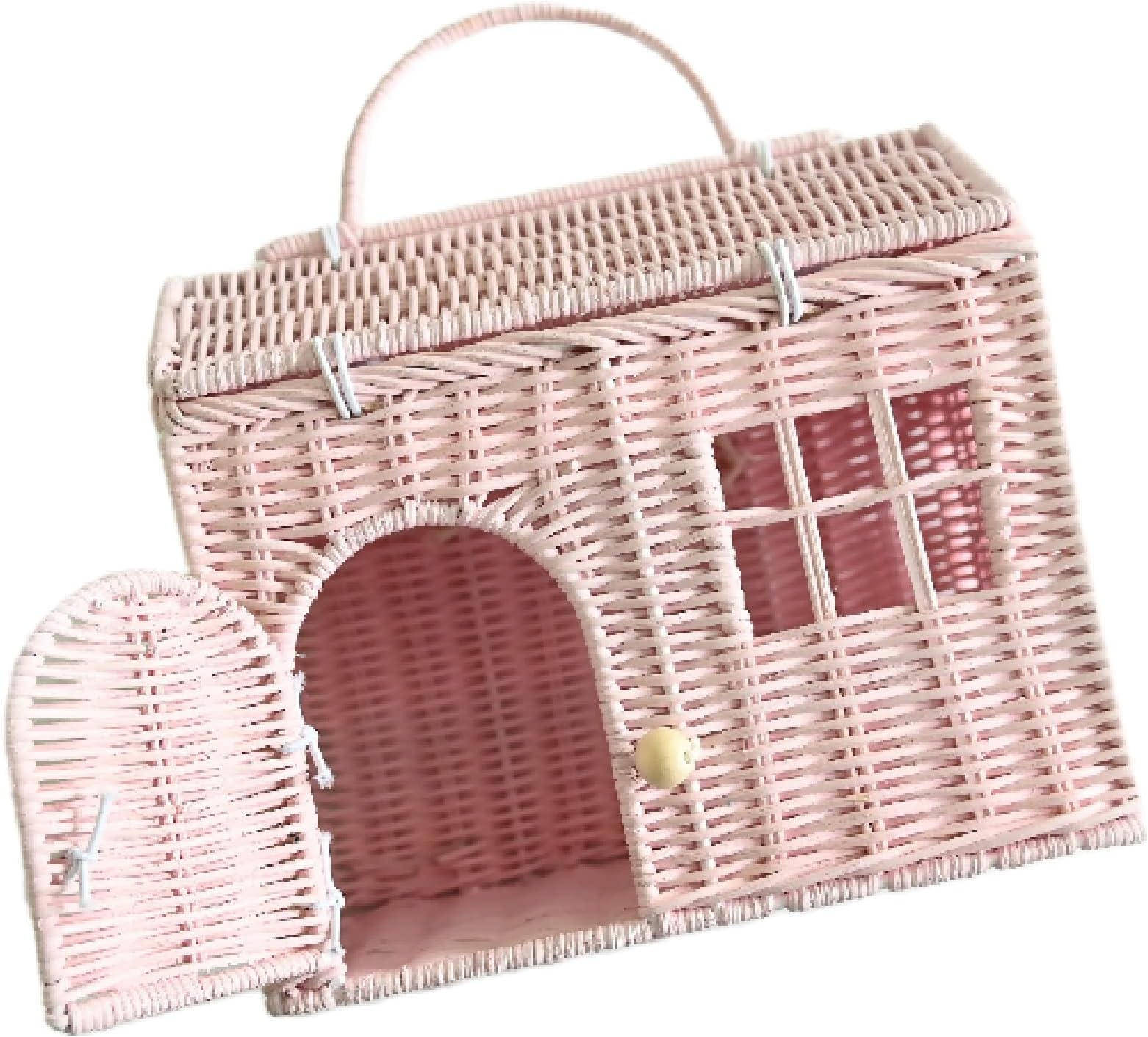 Rool Rattan House Shaped Basket Wicker Small Dollhouse Gift for Girls, Boho Toys, Mouse in a Box House, Little Girl Purse Clutch, Doll Carrier (Pink)
