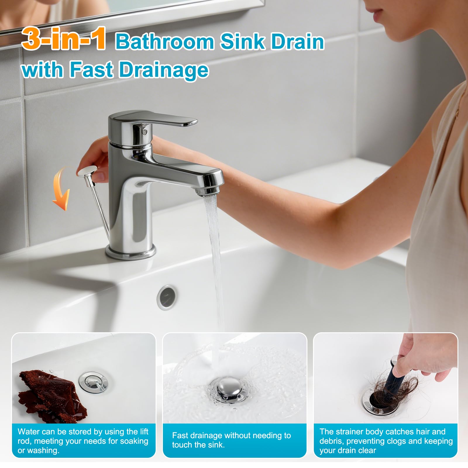 Tapón de drenaje para fregadero de baño, montaje de recipiente de drenaje para Moen, paquete de 2 unidades, tapón para lavabo con varilla de desbordamiento y elevación, cromado