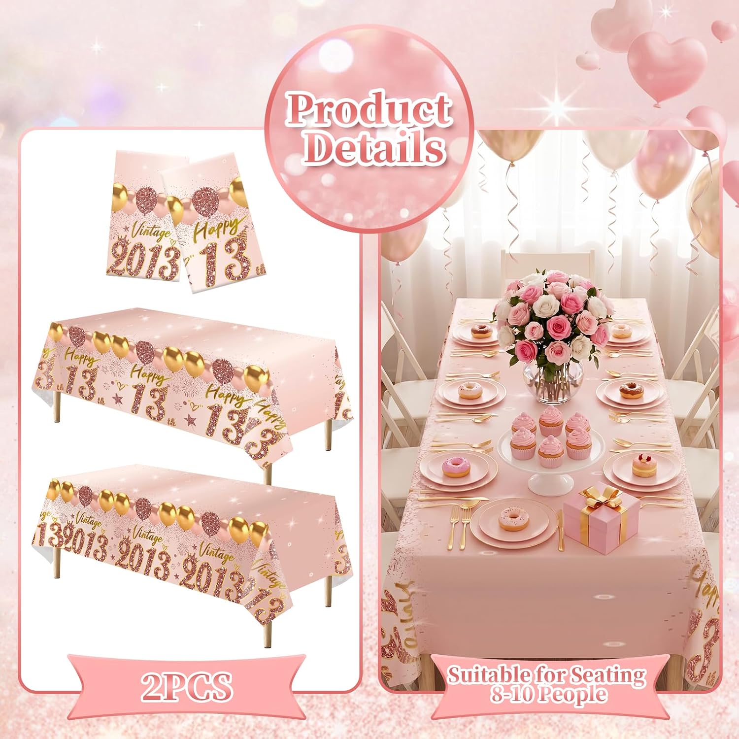 Uiorgui 2pcs 13th Birthday Tablecloth, Pink Rose Gold 13th Birthday Decorations for Girls Vintage 2013 Table Cloth Plastic Rectangular Table Cover Happy 13 Anniversary Party Supplies