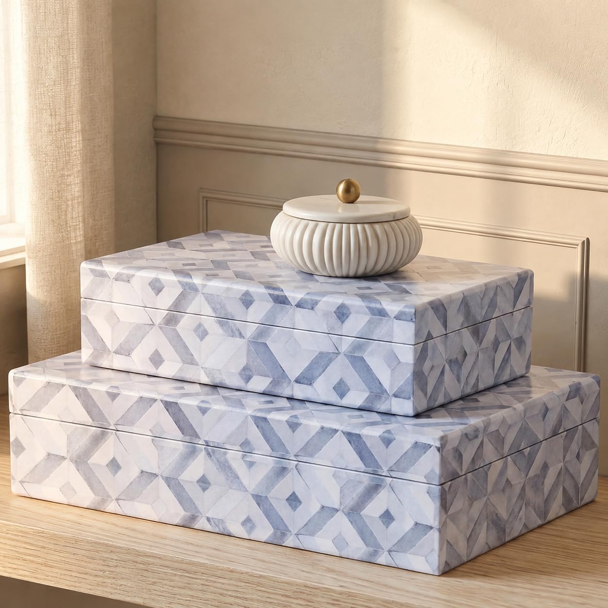 kroucoco Set of 2 Decorative Storage Boxes with Lid,Modern Cardboard Organizer Bins for Storing Photos, Documents and Letters,Memory Box for Home Decor,Coffee Table,Entry Table,Mantle,Shelf (Blue)