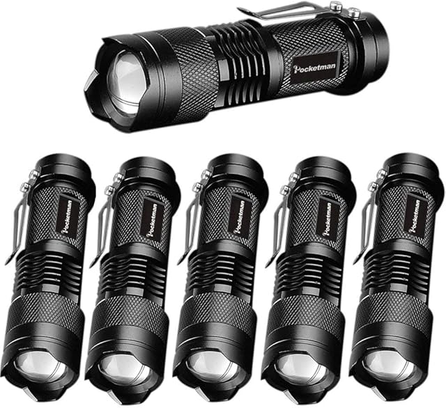 Pack of 6,Pocketman 7W 300LM SK-68 3 Modes Mini Q5 LED Flashlight Torch Tactical Lamp Adjustable Focus Zoomable Light(Black)