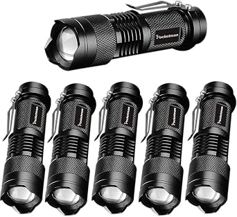 POCKETMAN Pack of 6, 7W 300LM SK-68 3 Modes Mini Q5 LED Flashlight Torch Tactical Lamp Adjustable Focus Zoomable LightBlack