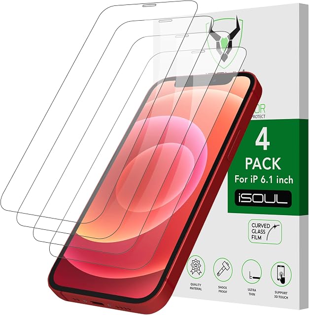 Screen Protector Compatible With iPhone 12/12 Pro 6.1 Inch, iSOUL Tempered Glass HD Film, 4-Pack