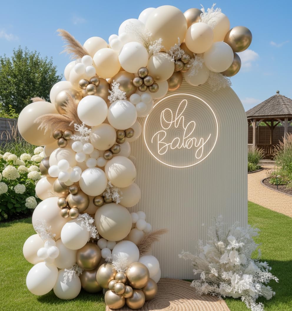 Photo 1 of ***STOCK PHOTO FOR REFERENCE ONLY***ADOINBY Sand White Gold Balloon Arch Kit, 140Pcs Beige Nude White Balloon with Metallic Gold Balloon Garland Kit for Boho Birthday Wedding Baby Shower Bridal Shower Engagement Prom Party Decorations