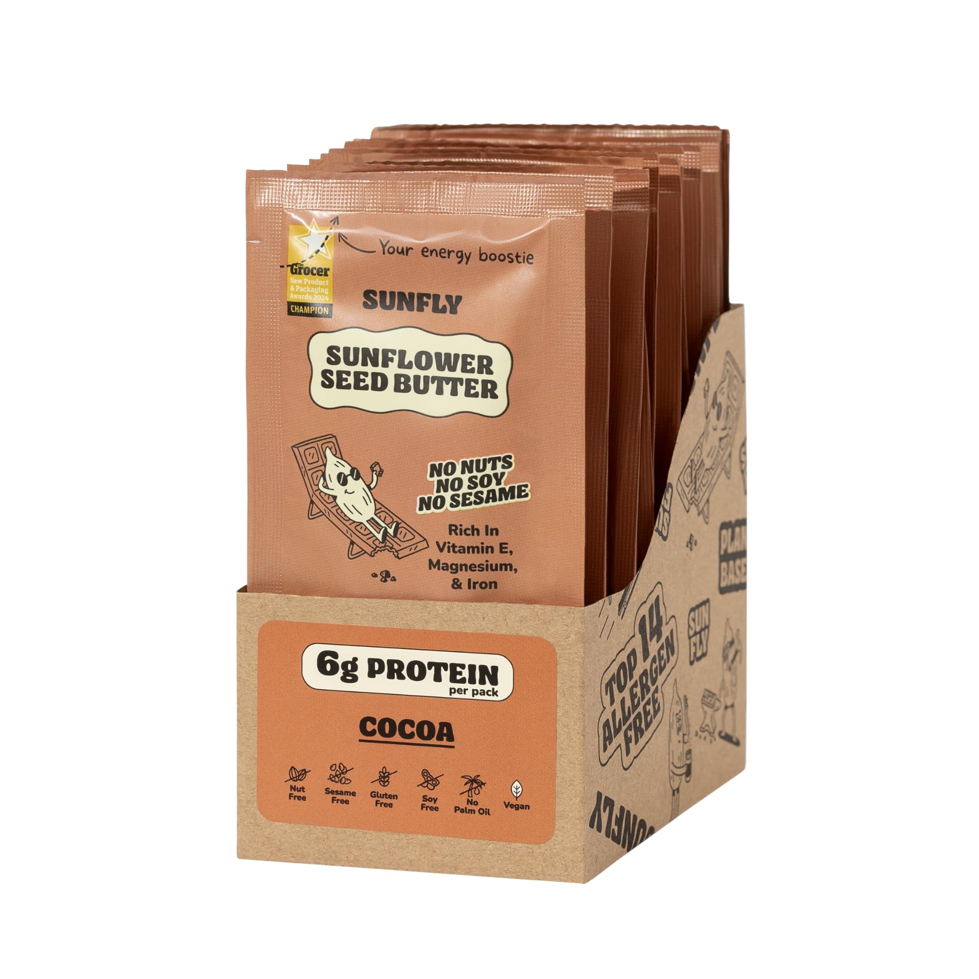 SUNFLY Chocolate Sunflower Seed Spread – 12 Sachets (12 x 32g) | Vegan, Nut-Free, 70% Less Sugar | Cocoa Spread, Allergen-Free, No Palm Oil | Healthy On-the-Go Chocolate Snack