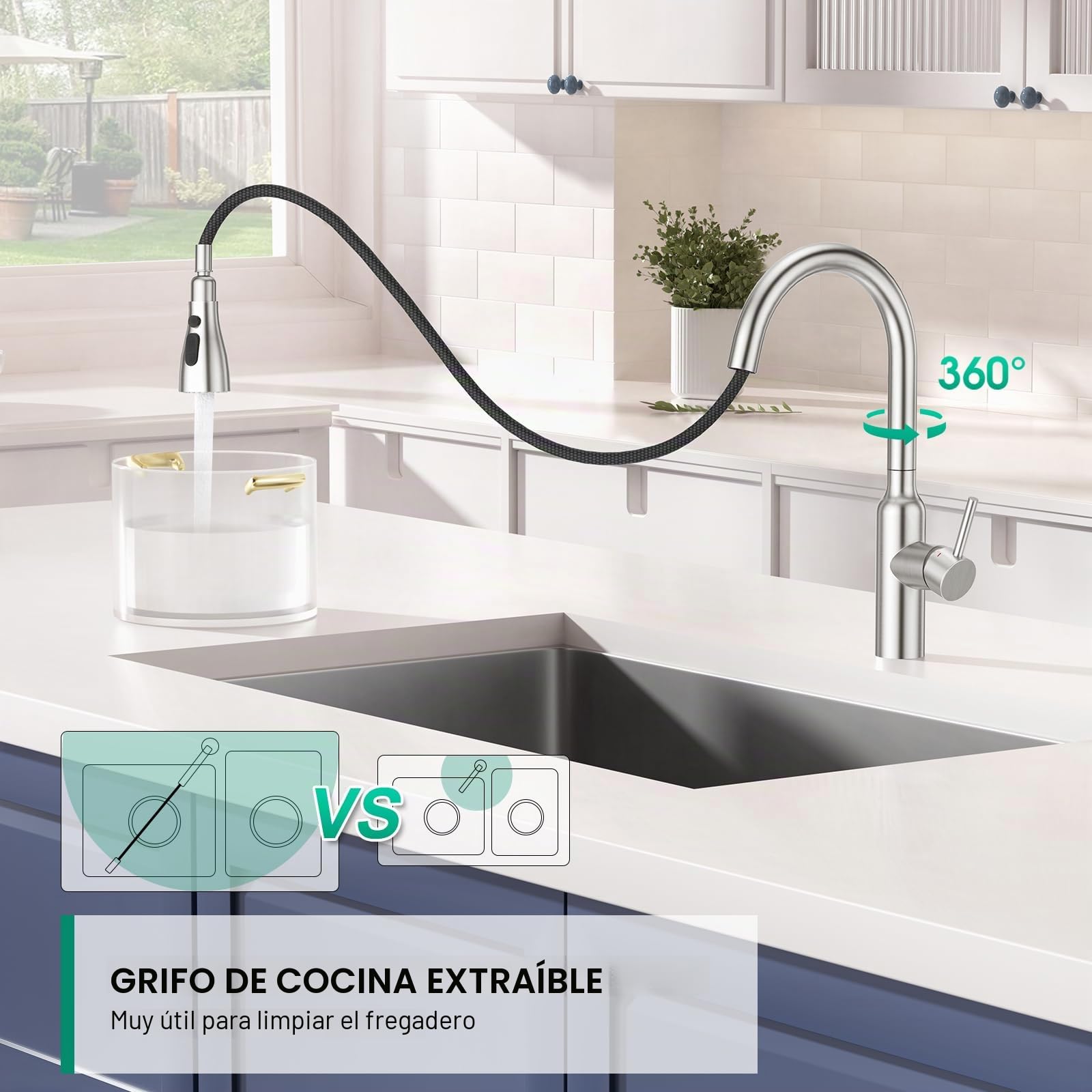 CREA Grifo de Cocina para Fregadero con Ducha Extraíble, Mezclador Monomando, cepillado