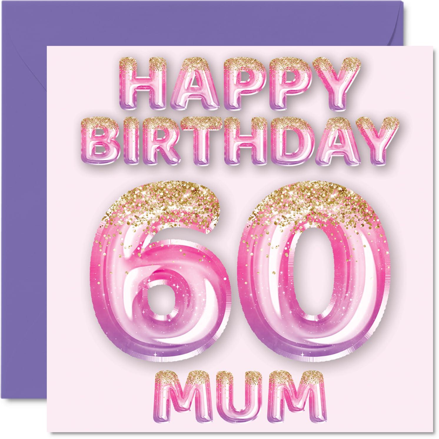 60th Birthday Card for Mum, Pink & Purple Glitter Balloons