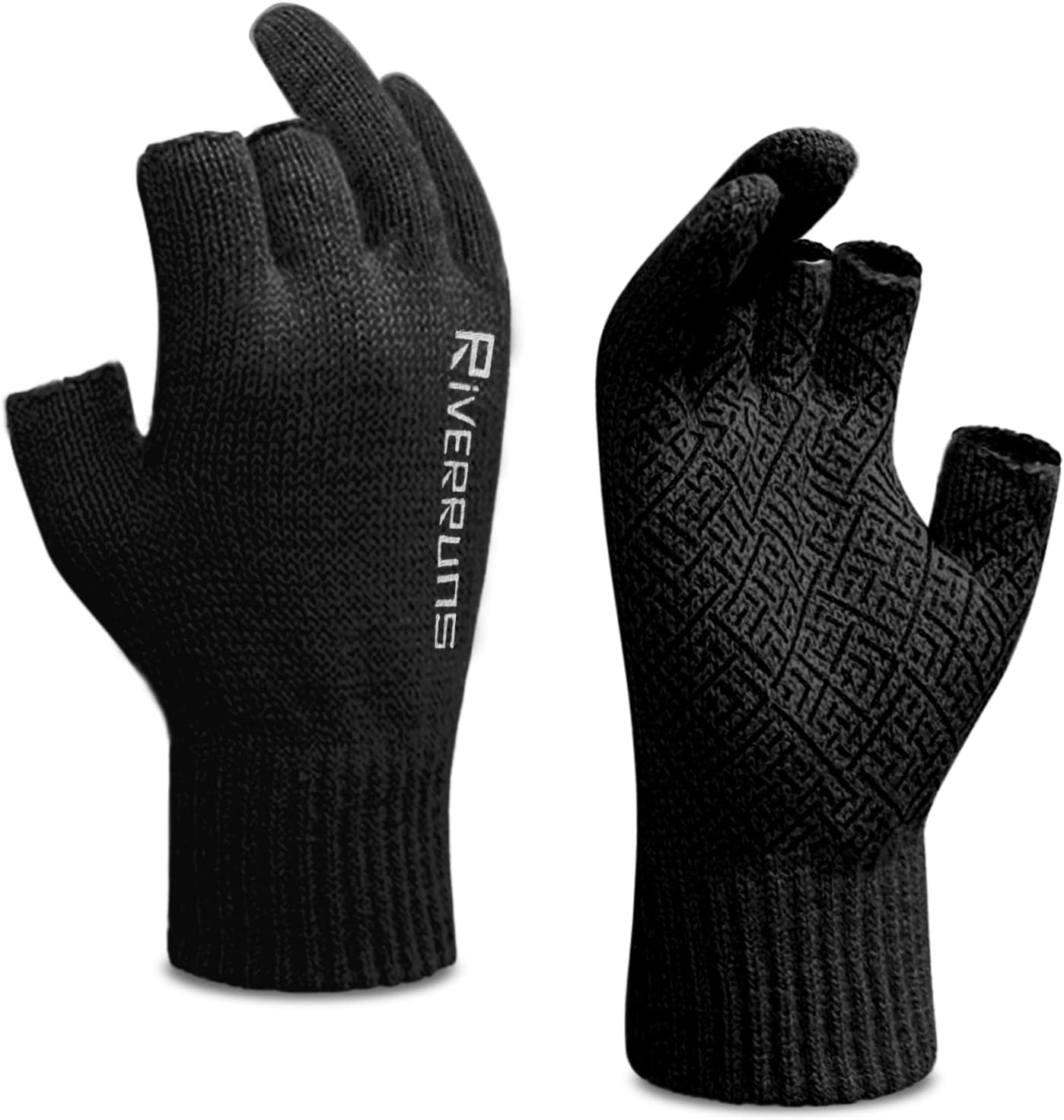 Riverruns Wool Fishing Gloves - Winter Fingerless Knitted Gloves for Men and Women 3-Cut Fingers Warm Gloves for Cold Weather, Fly Fishing, Ice Fishing, Kayaking
