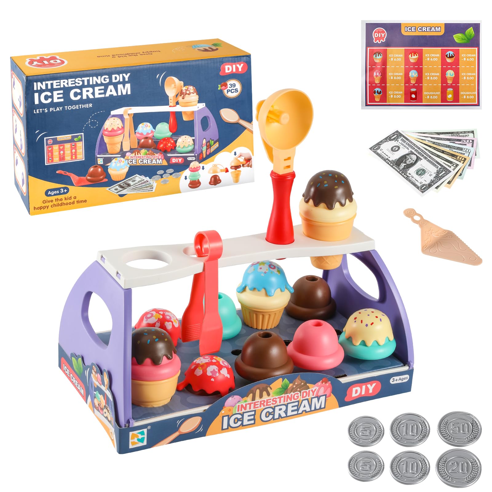 39pcs Ice Cream Toys for Kids, Ice Cream Counter Cupcake Playset for Toddler Kids Scoop Dessert Kitchen Food with Menu & Fake Money & Coin Pretend Food Toys Interactive Playset for 3 4 5 6+ Years