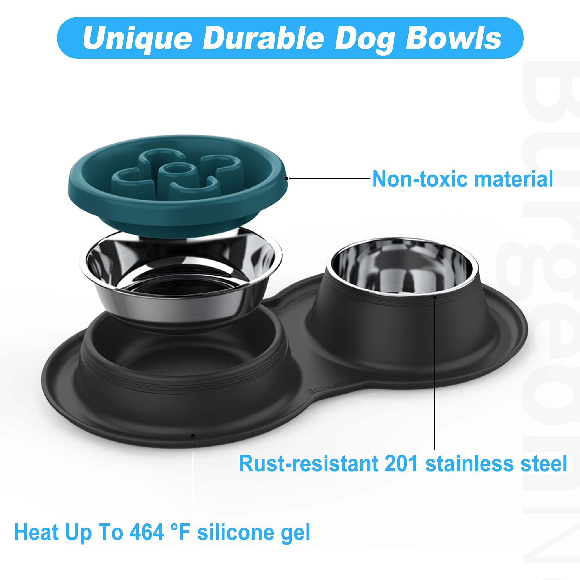 BurgeonNest Slow Feeder Dog Bowls, 27oz Stainless Steel 4-in-1 Food and Water Bowls with No-Spill Silicone Mat Bloat Stop Slow Down Eating Puzzle Bowl for Medium Small Sized Dogs