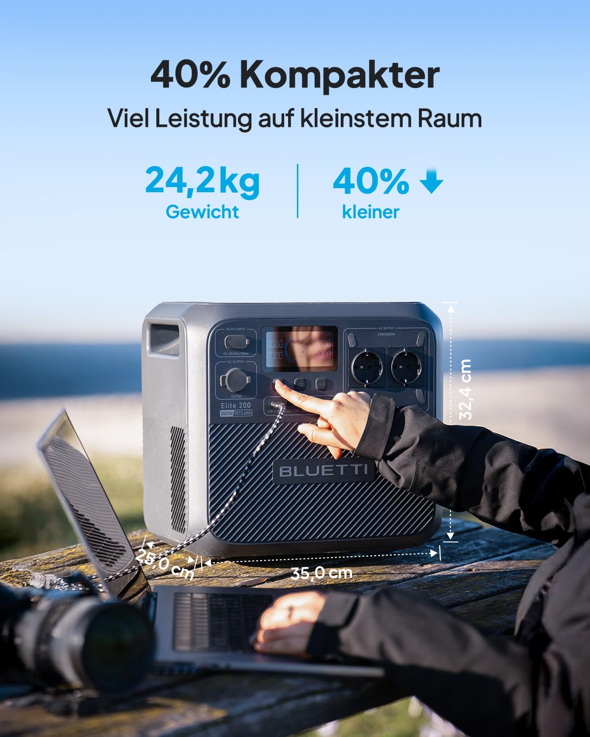 BLUETTI Elite 200 V2 Solar Generator (2025 Neu) mit 350W Solarpanel, 2073,6Wh Tragbare Powerstation mit 2 2600W AC Ausgängen, 17 Jahre Lebensdauer LiFePO4 Notstrom für Camping, Off-grid, Stromausfall