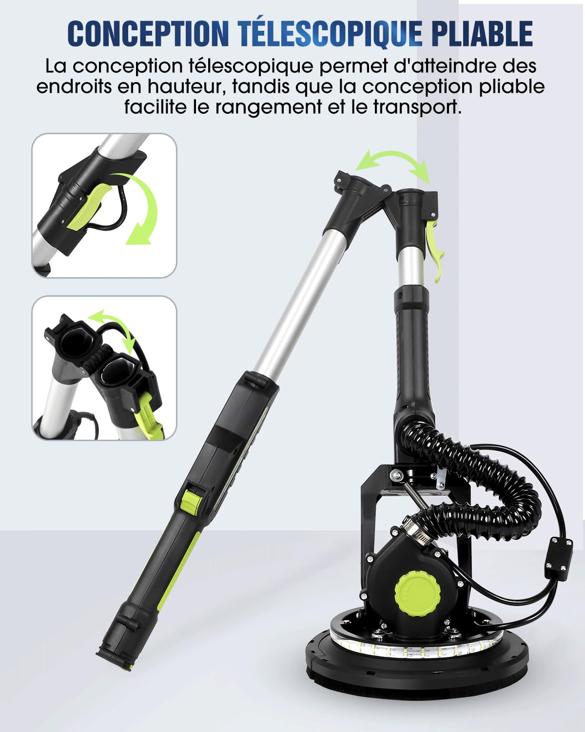 MYTOL Ponceuse Girafe Aspirante, 900W Électrique Girafe Ponceuse avec Aspirateur Poignée Pliable Extensible, 6 Vitesses, Vitesse Maximale 1800U/min, Éclairage LED, 12 Papiers Abrasifs