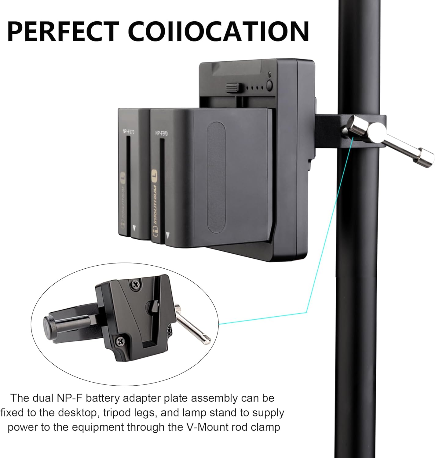 Dual NP-F970/550 Battery to V-Mount Battery Converter Adapter Plate + V-Mount Rod Clamp, with D-tap, DC, Type-C, USB Output interfaces for Cameras, Video Lights, Mobile Phones, etc.