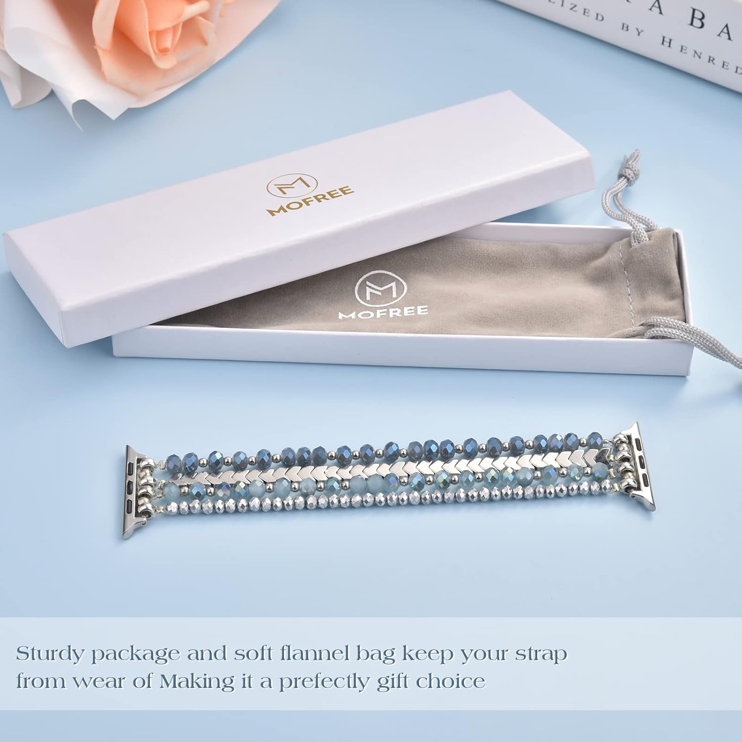 MOFREE Beaded Bracelet Compatible with Apple Watch Band 38mm/40mm/41mm/42mm, Fashion Elastic Stretch Women Bands for iWatch Series 11/10/9/8/7/SE/6/5/4/3/2/1 iPhone Watch Strap Bands (Blue/Silver) - Image 7