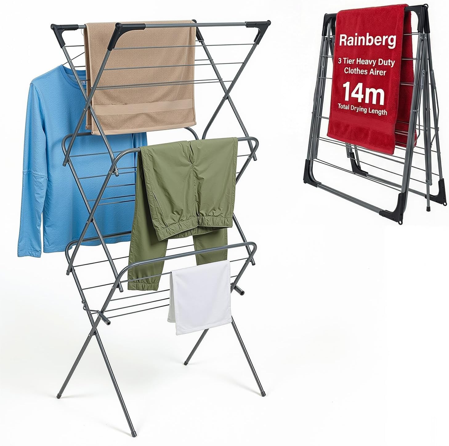 Rainberg 3 Tier Clothes Airer, Heavy Duty Foldable Clothes Drying Rack, with Non-Slip Feet for Indoor and Outdoor, Flat Foldable for Space Saving
