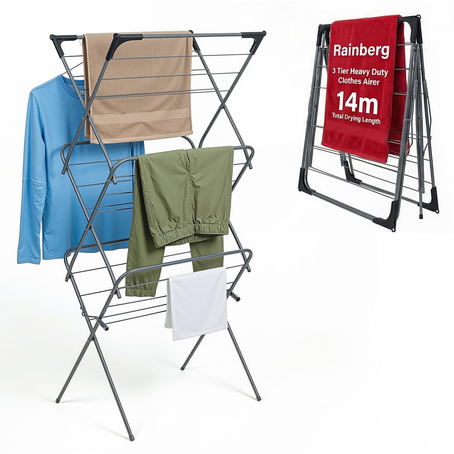 Rainberg 3 Tier Clothes Airer, Heavy Duty Foldable Clothes Drying Rack, with Non-Slip Feet for Indoor and Outdoor, Flat Foldable for Space Saving