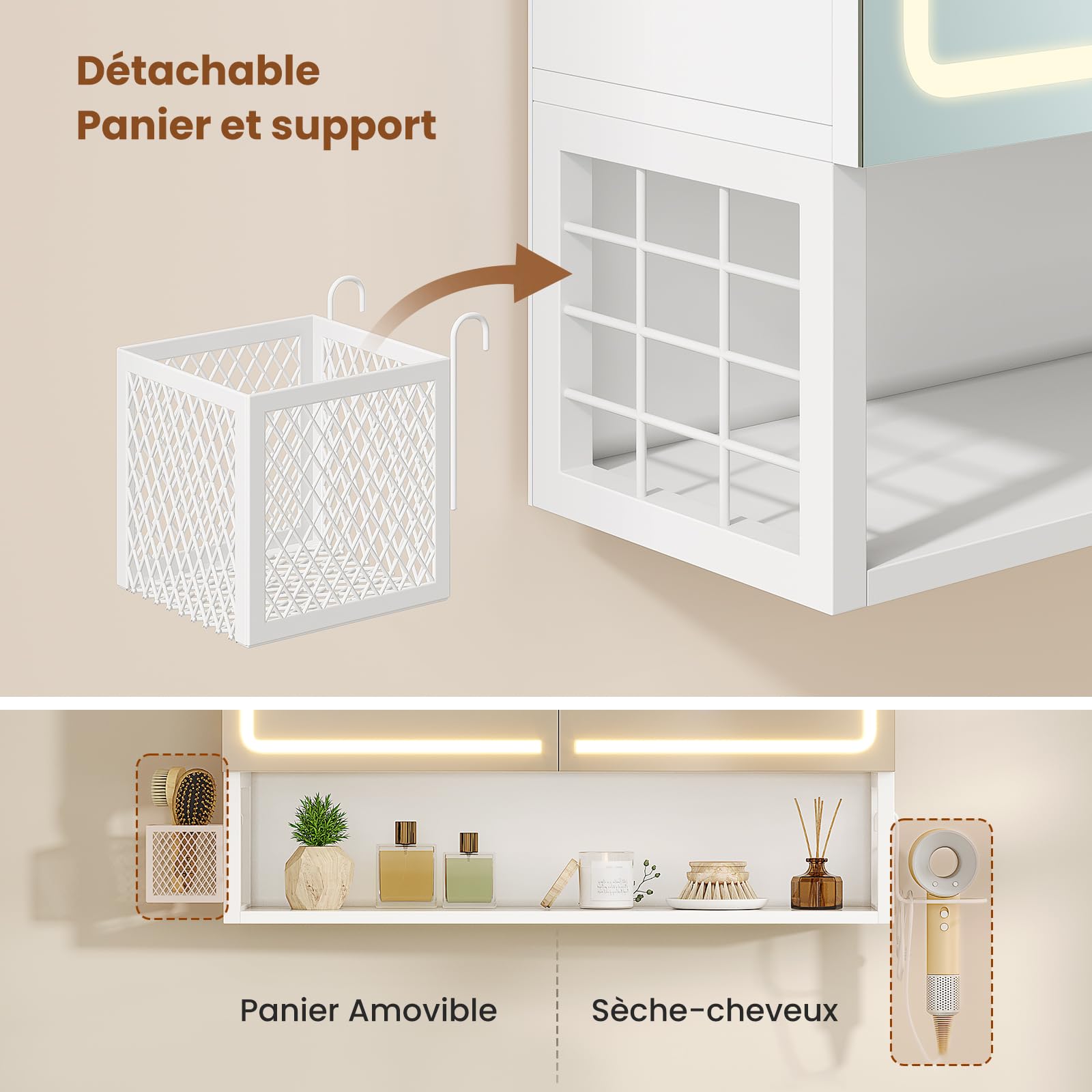 Spiegelschrank Bad mit LED-Beleuchtung,Badezimmer Spiegelschrank mit verstellbarer Ablage,HD-Spiegel, Hängekorb,Haartrockner-Halter,3 Lichtfarbe Einstellbar, Badezimmerschrank 50×16×60cm,Weiß