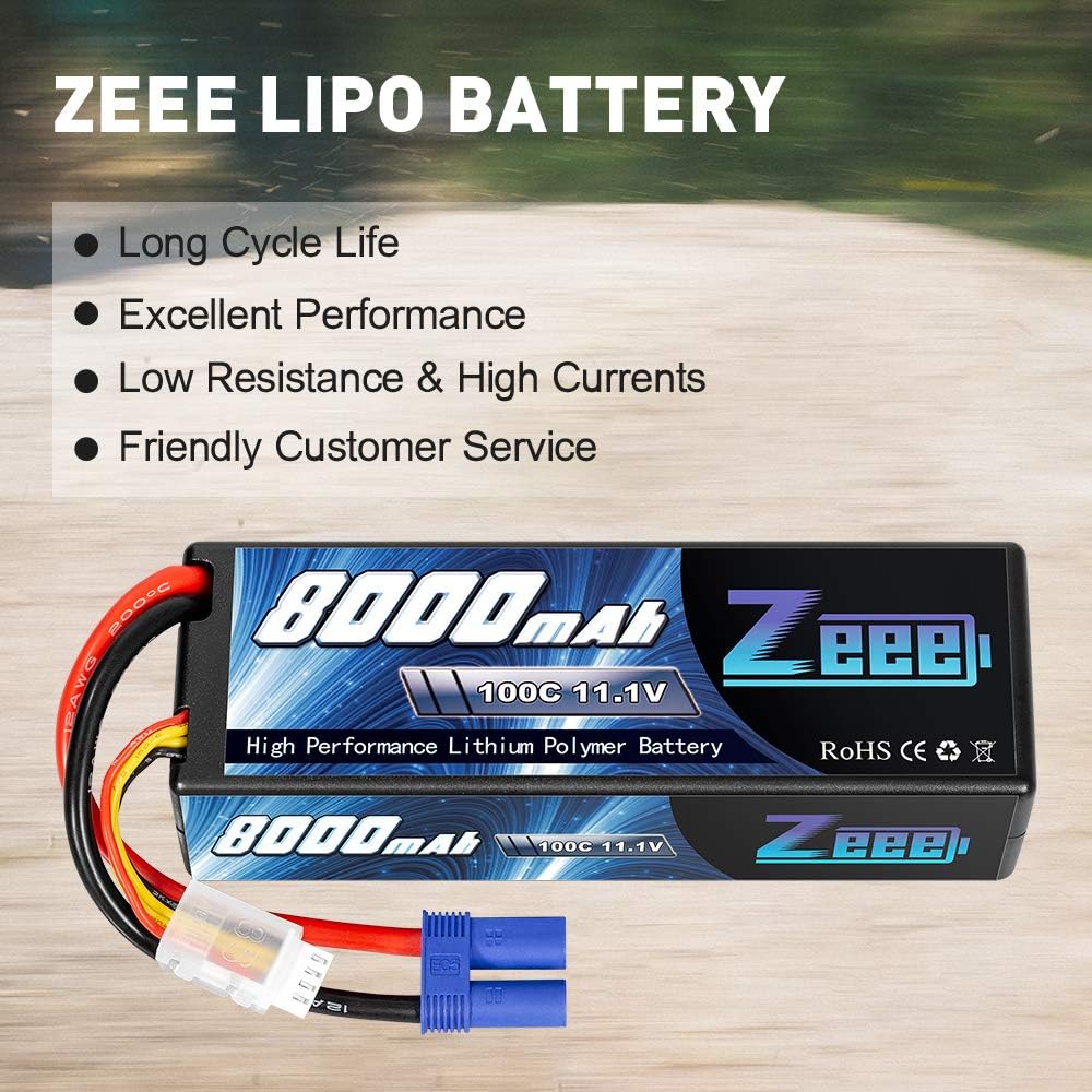 Zeee 11.1V Lipo Battery 3S 100C 8000mAh Hard Case Battery with EC5 Plug for 1/8 1/10 RC Car Model Truggy Buggy Team Associated(2 Pack)