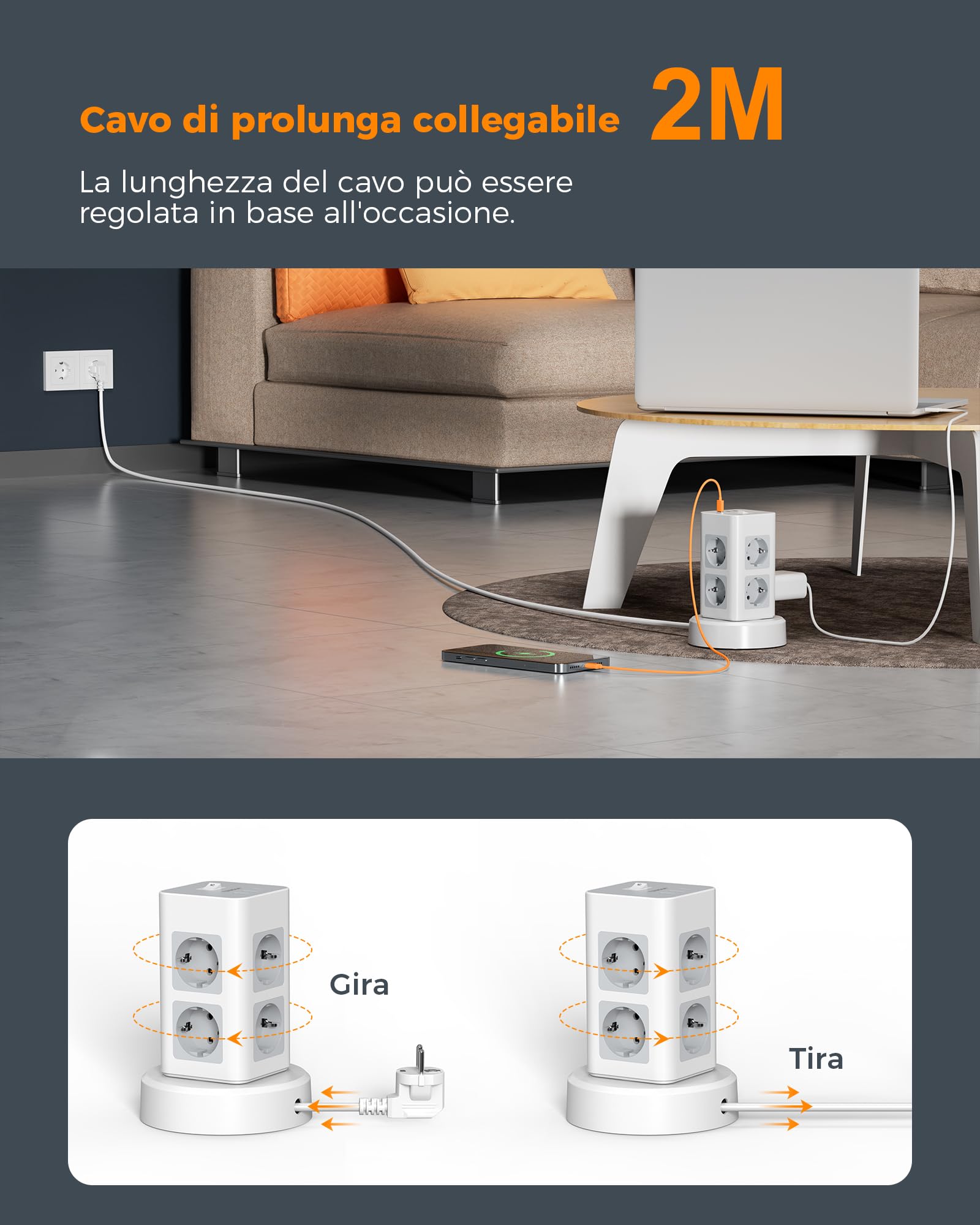 TESSAN Ciabatta Multipresa con 1 USB C, Ciabatta Elettrica con 8 Presa, Prolunga Retrattile 2M, Torretta Multipresa da Scrivania con 1 Interruttori Indipendenti, Girgio
