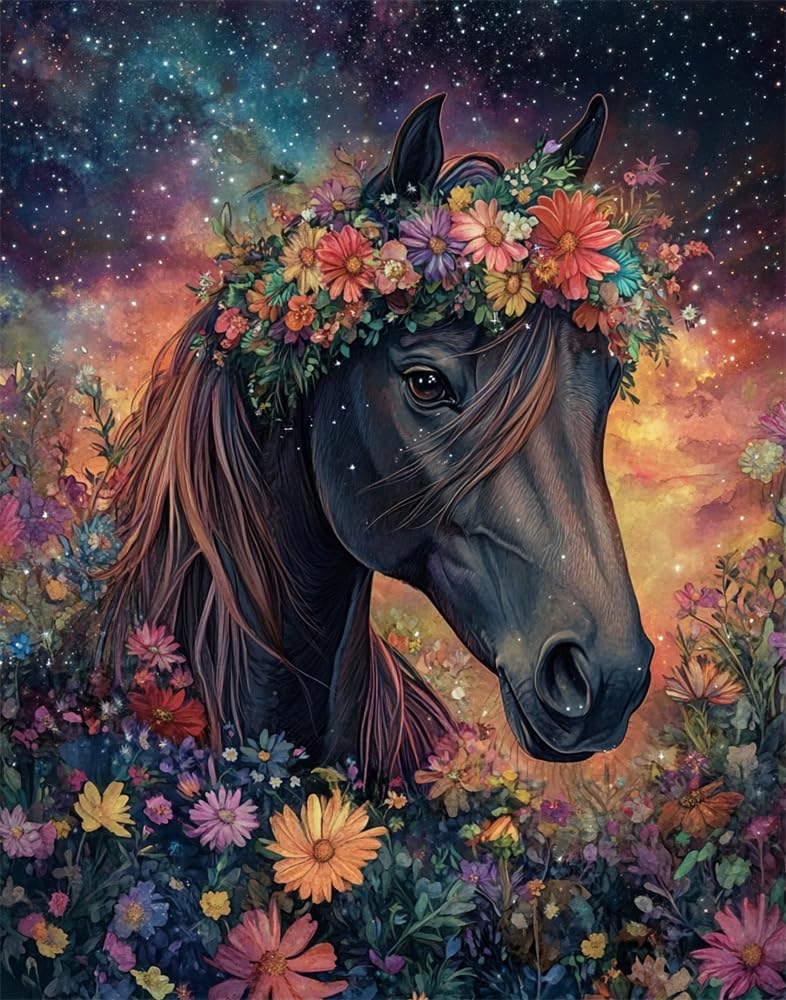 Henypt Cross Stitch Kit,Horse Wearing A Floral-Wreath Hat Easy Pre Printed Stamped Embroidery Stitch Kit for Adult Beginners, Embroidery Starter Advanced Easy Crossstitch Patterns Set Needlepoint