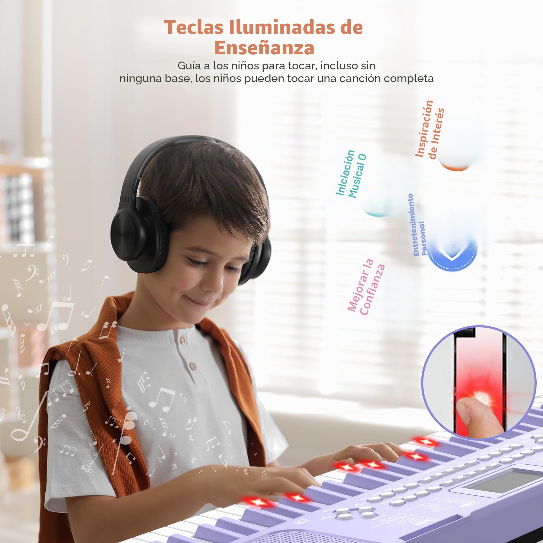 Piano digital electrónico para niños con teclas iluminadas, portátil, de 61 teclas, juguete musical educativo para principiantes con atril y micrófono. (Púrpura)