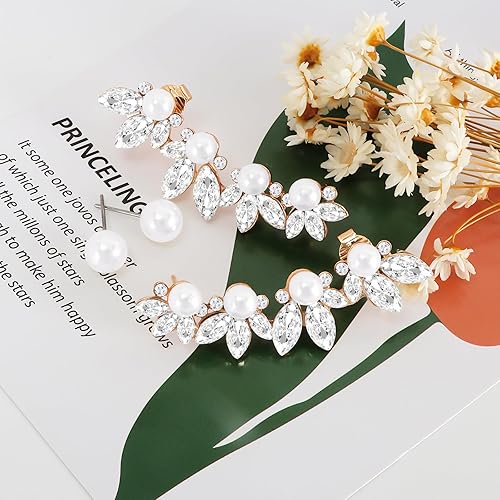 Miniatura 3 de Crawler Earrings for Women, Dainty 18K White Gold-Plated Tree Leaf Climber Earring Set. Mother Of Pearl Cubic Zirconia Crawler Stud Earrings Set for