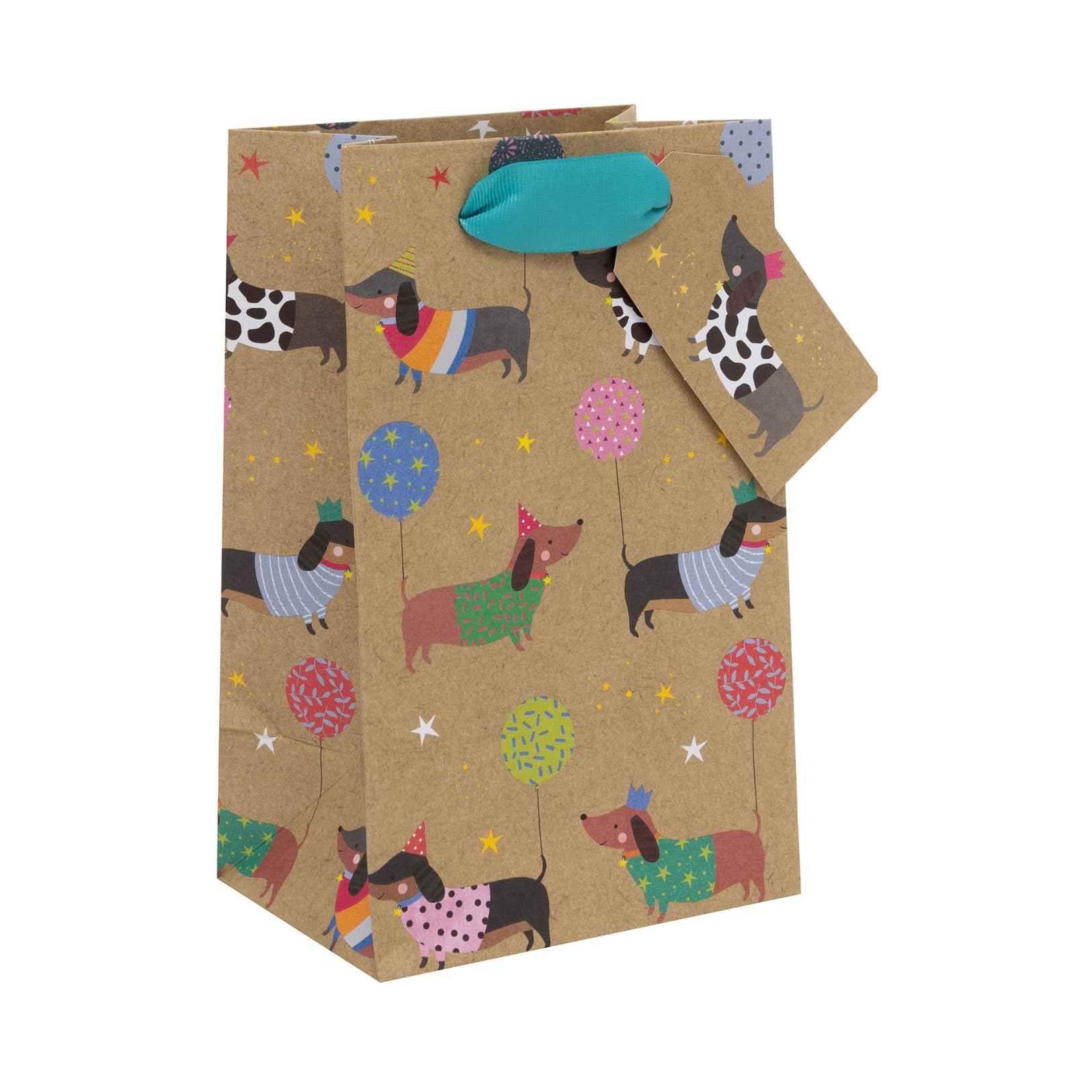 Ballyhoo Sausage Dog Kraft Perfume Gift Bag, for Birthdays and Other Celebrations, Perfect for Smaller Presents, 12.7 x 20.3 x 10 cms, Multi-Coloured